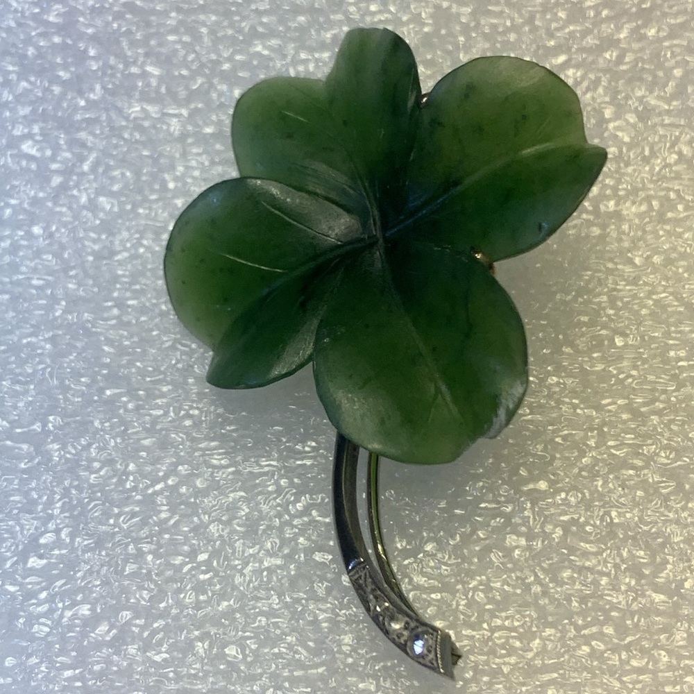 Rere Hard to find Jade Clover Leaf Brooch  Stamped 585 - Picture 12 of 14